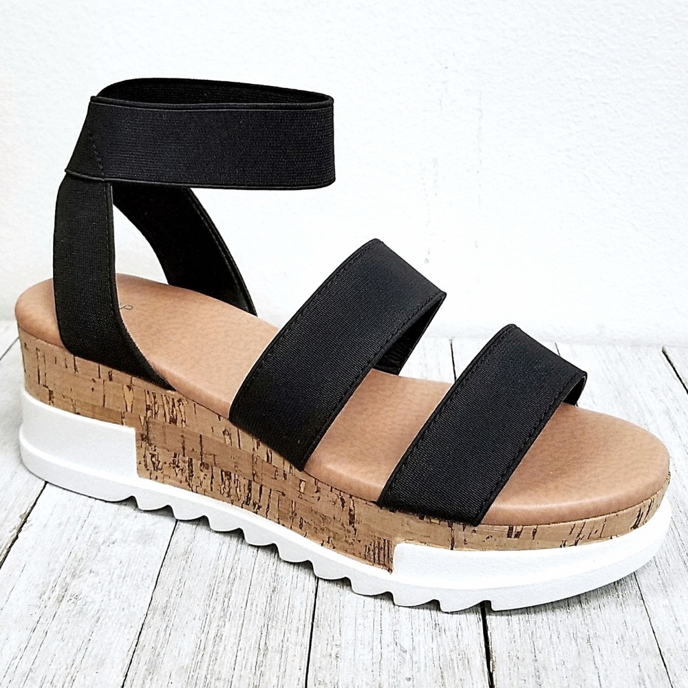 New Black Elastic Espadrille Platform Wedge Sandal